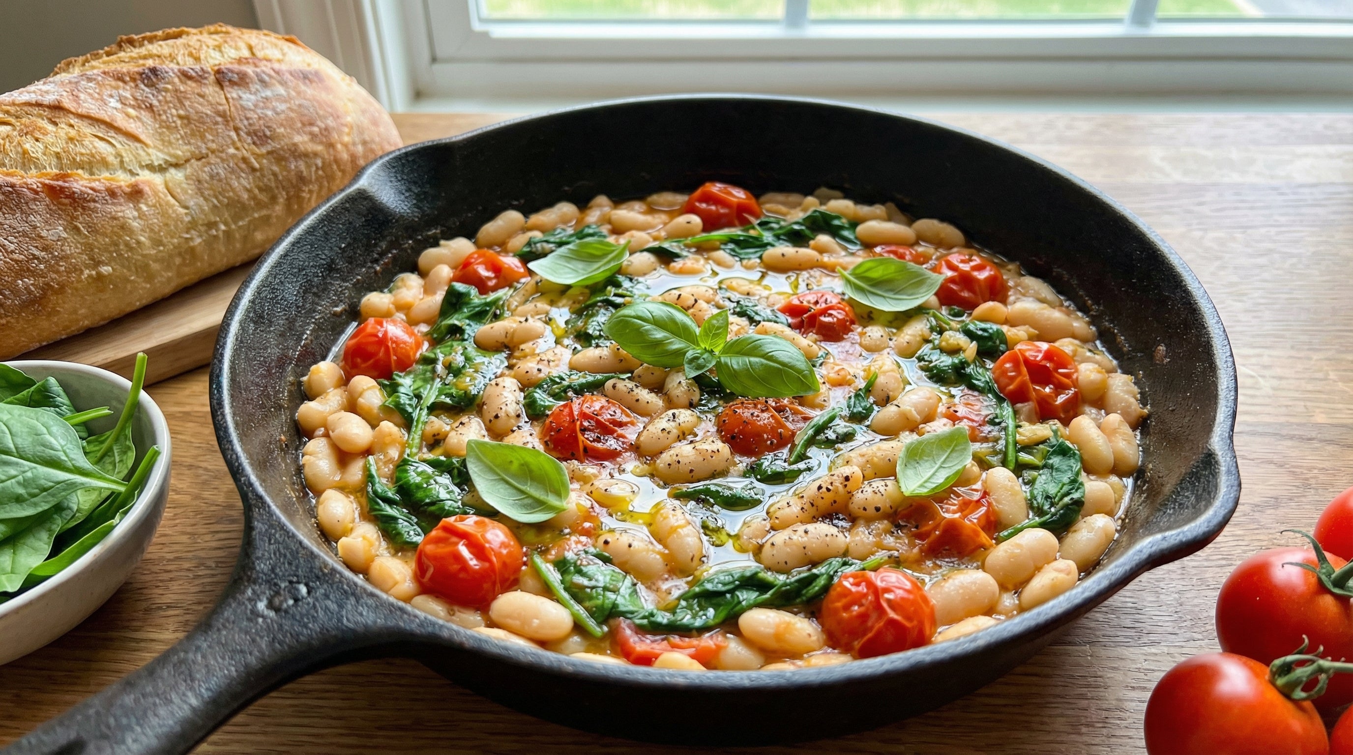 Weiße-Bohnen-Pfanne mit Spinat und Tomaten